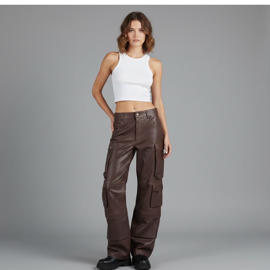Women's Leather Cargo Pants - Front