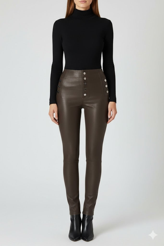 Women's Dark Brown Leather Pants - Front