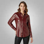 Women's Casual Maroon Leather Shirt - Front