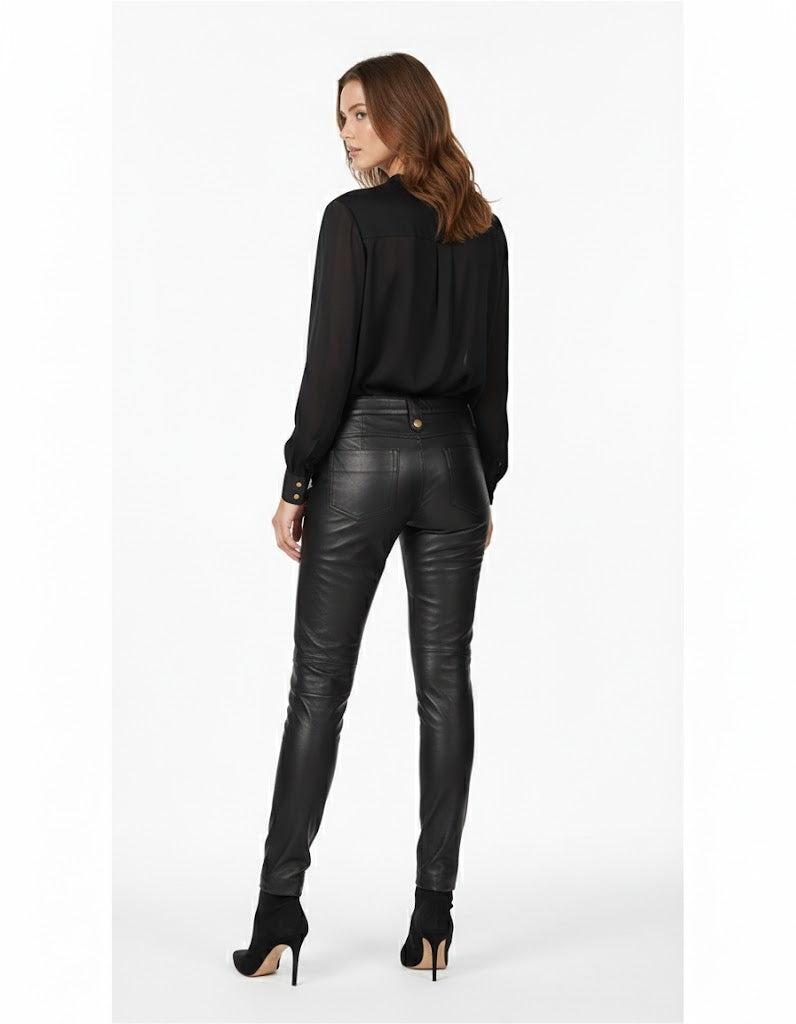 Women's Black PU Leather Straight Leg Skirt - Back