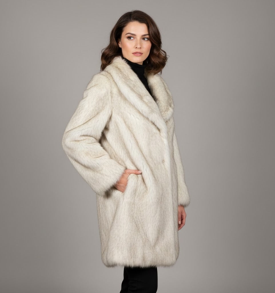 Women's White Mid Length Fur Coat - Front