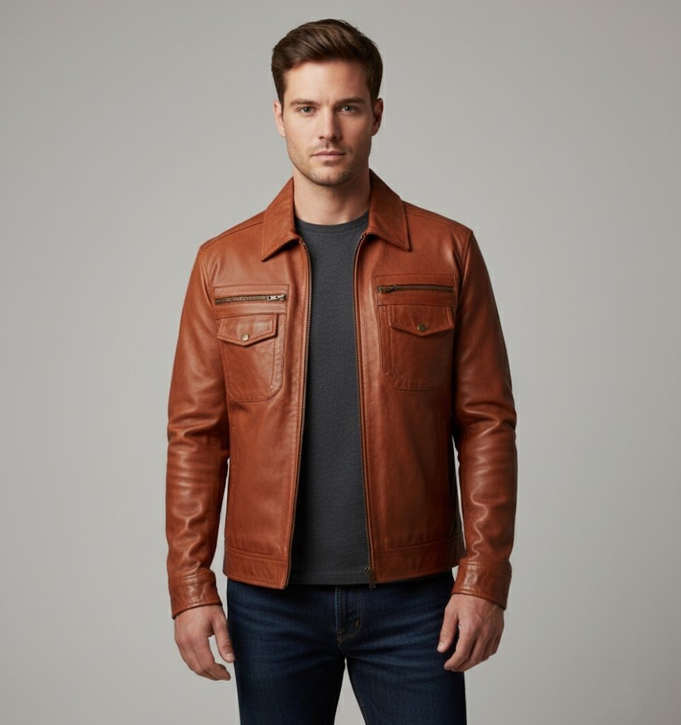 Men's Classic Brown Leather Jacket - Front