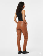 Women's Elastic Waist PU Leather Jogger Pants - Left