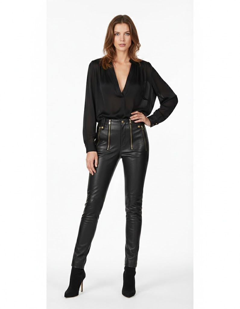 Women's Black PU Leather Straight Leg Skirt - Front