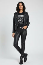 Women's Skinny Black Leather Pants With Zip - Front