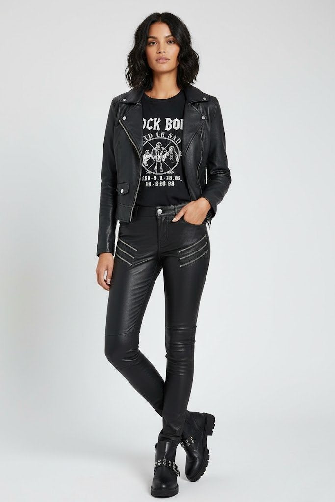 Women's Skinny Black Leather Pants With Zip - Front