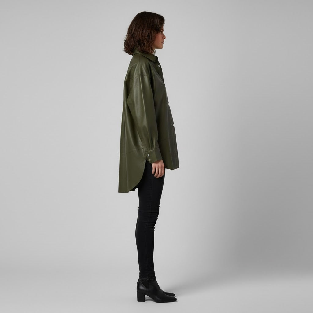 Women's Dark Green Leather Shirt - Back