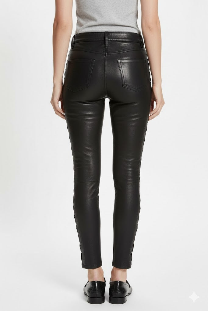 Women's Slim Fit Leather Pants With Side Lace - Back