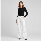 Women's White Leather Cargo Pants - Front