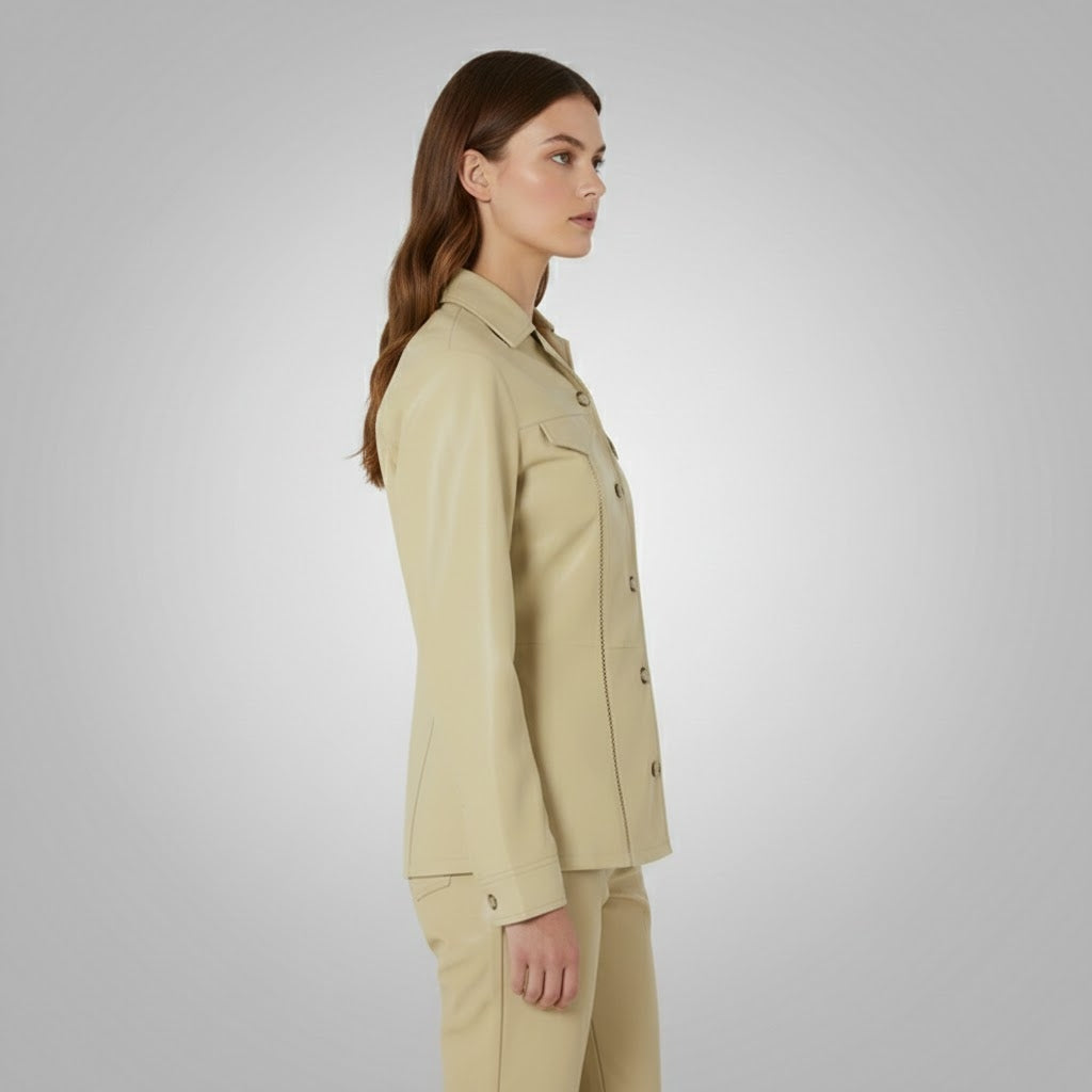 Women's Beige Leather Shirt - Front