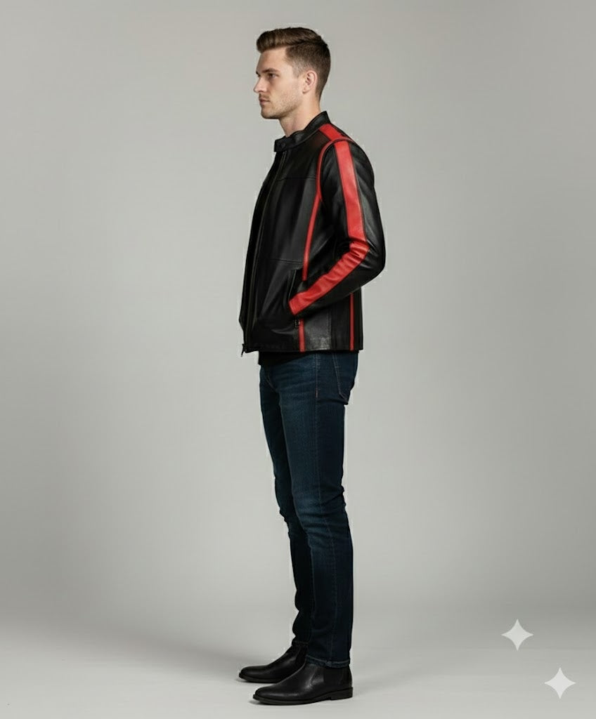 Men's Black Lambskin Cafe Racer Motorcycle Jacket - Front