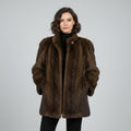 Women's Natural Long Hair Beaver Fur Coat - Front