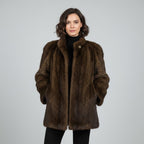 Women's Natural Long Hair Beaver Fur Coat - Front