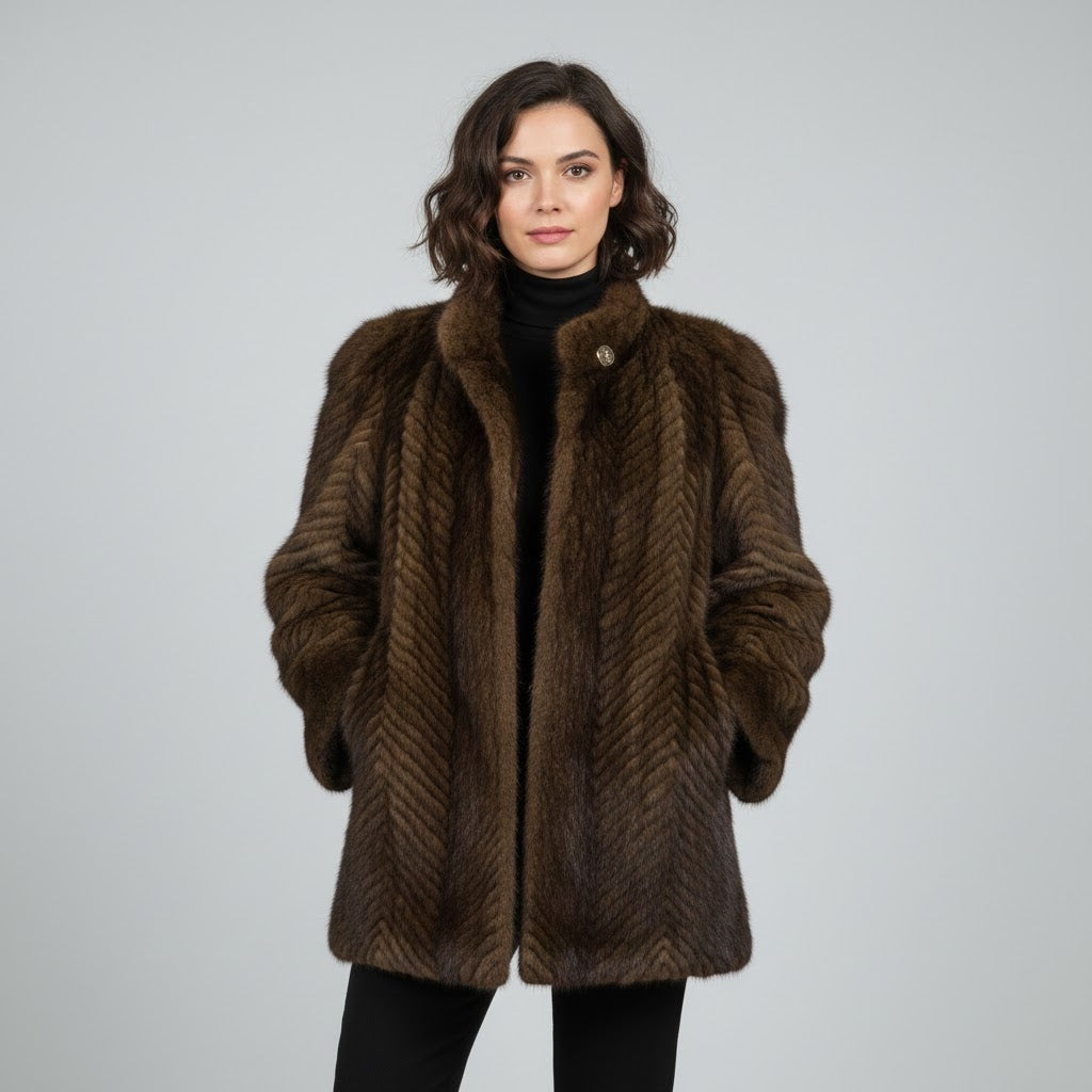 Women's Natural Long Hair Beaver Fur Coat - Front