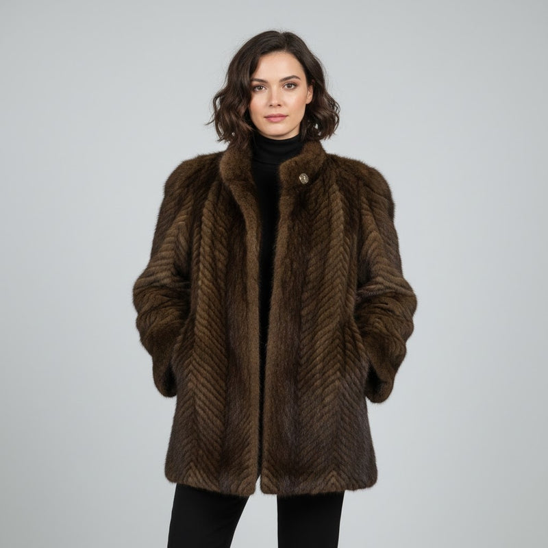 Women's Natural Long Hair Beaver Fur Coat - Front