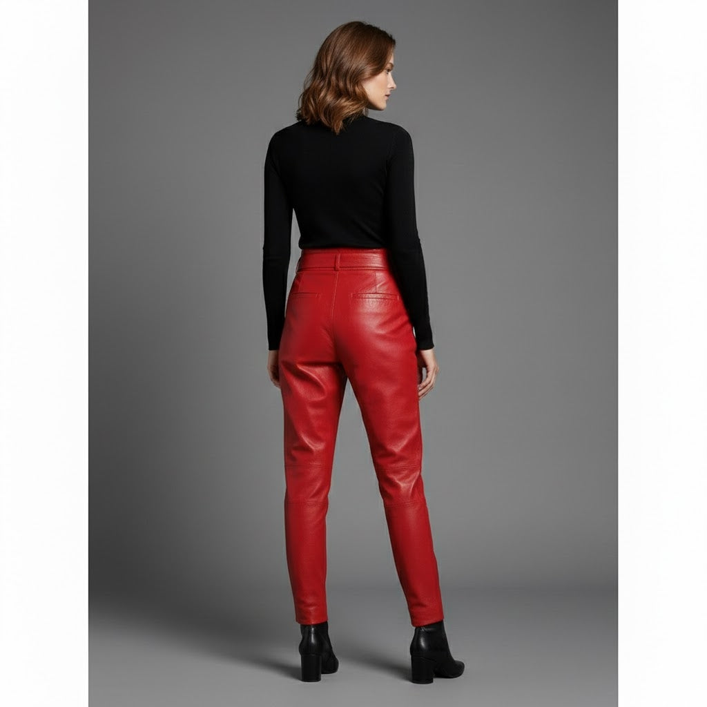 Women's Handmade Red Lambskin Leather Pants - Back