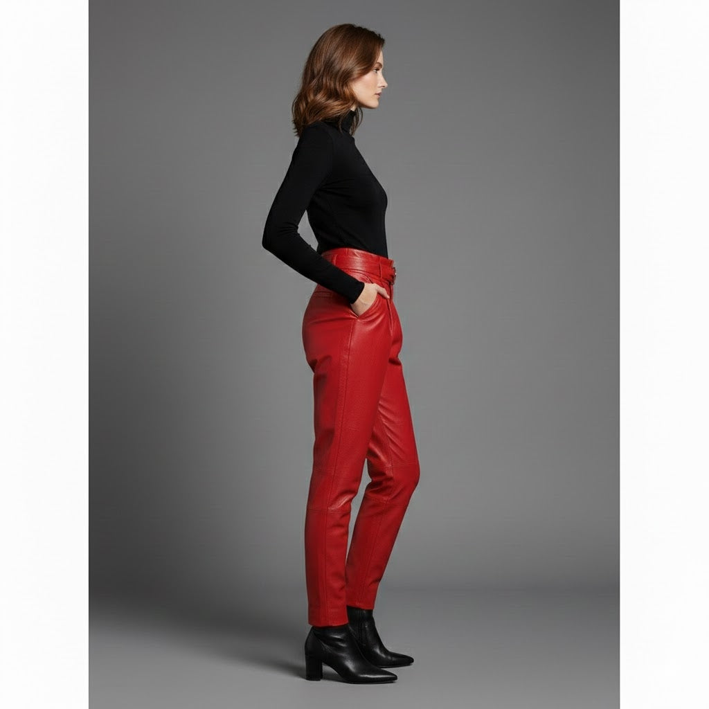 Women's Handmade Red Lambskin Leather Pants - Left