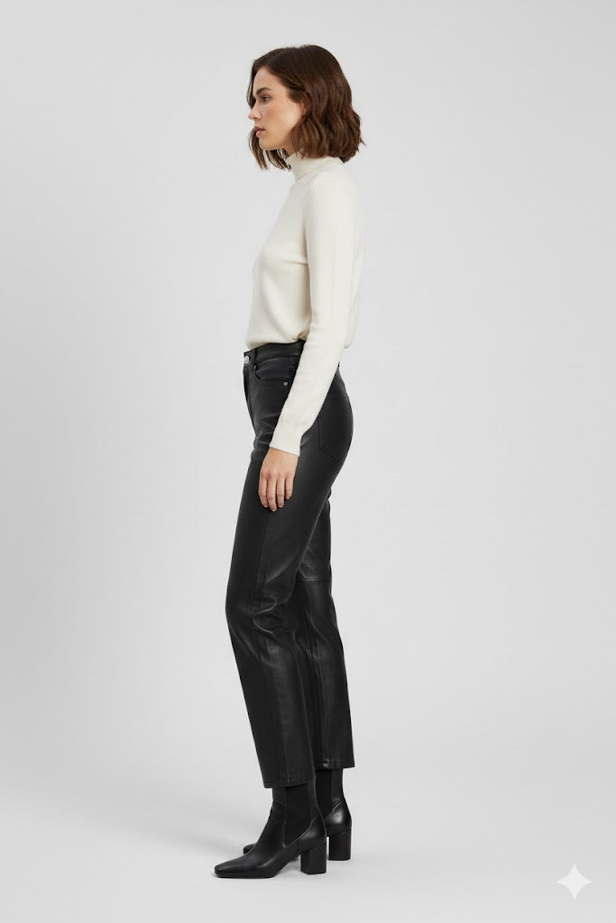 Women's PU Leather Straight Leg Trousers - Back