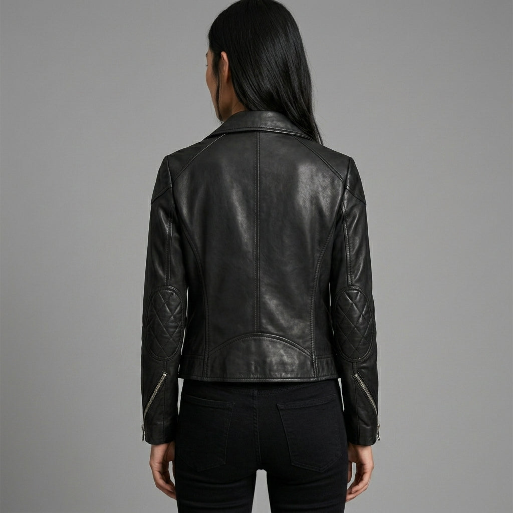 Women's Black Sheepskin Leather Biker Jacket - Back