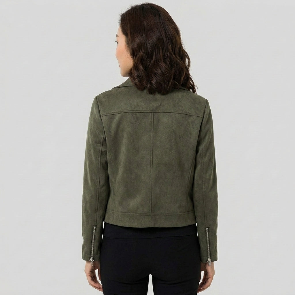 Women's Suede Biker Jacket With Convertible Collar - Back