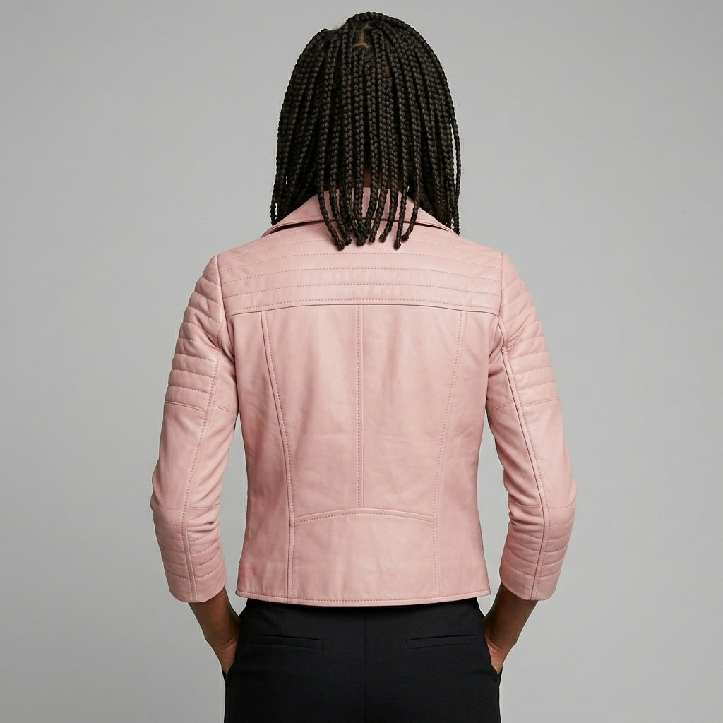 Women's Pink Leather Biker Jacket - Back