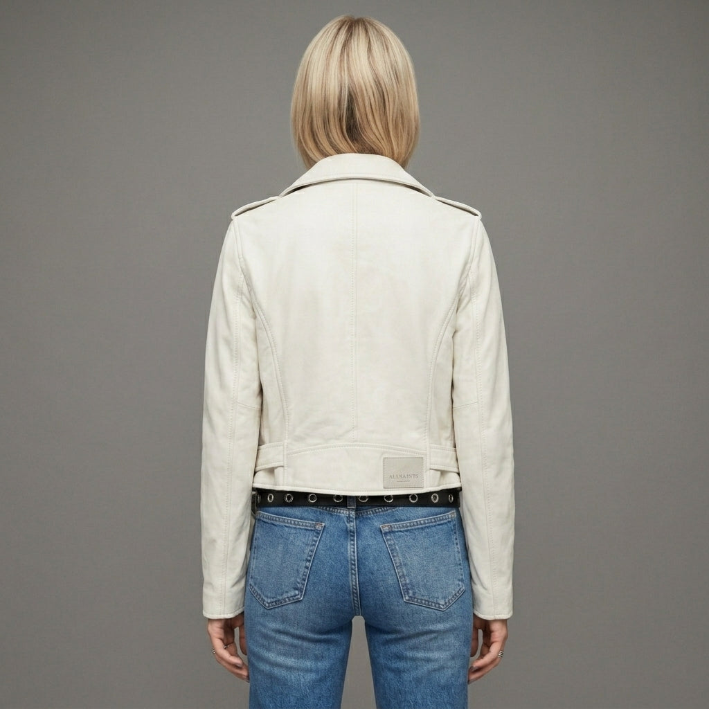 Women's Slim Cross Zip Leather Moto Jacket - Back