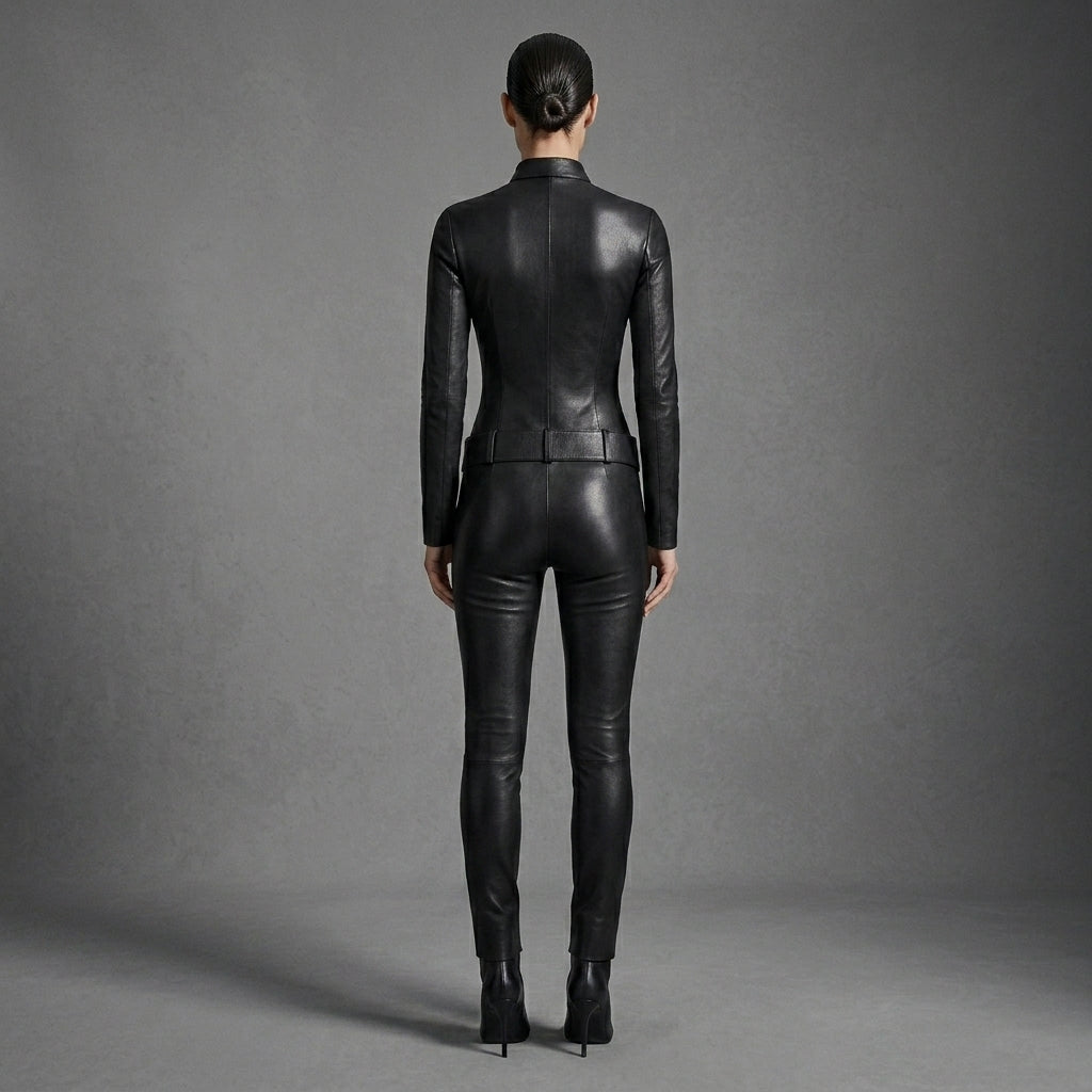 Women's Black Leather Jumpsuit - Back