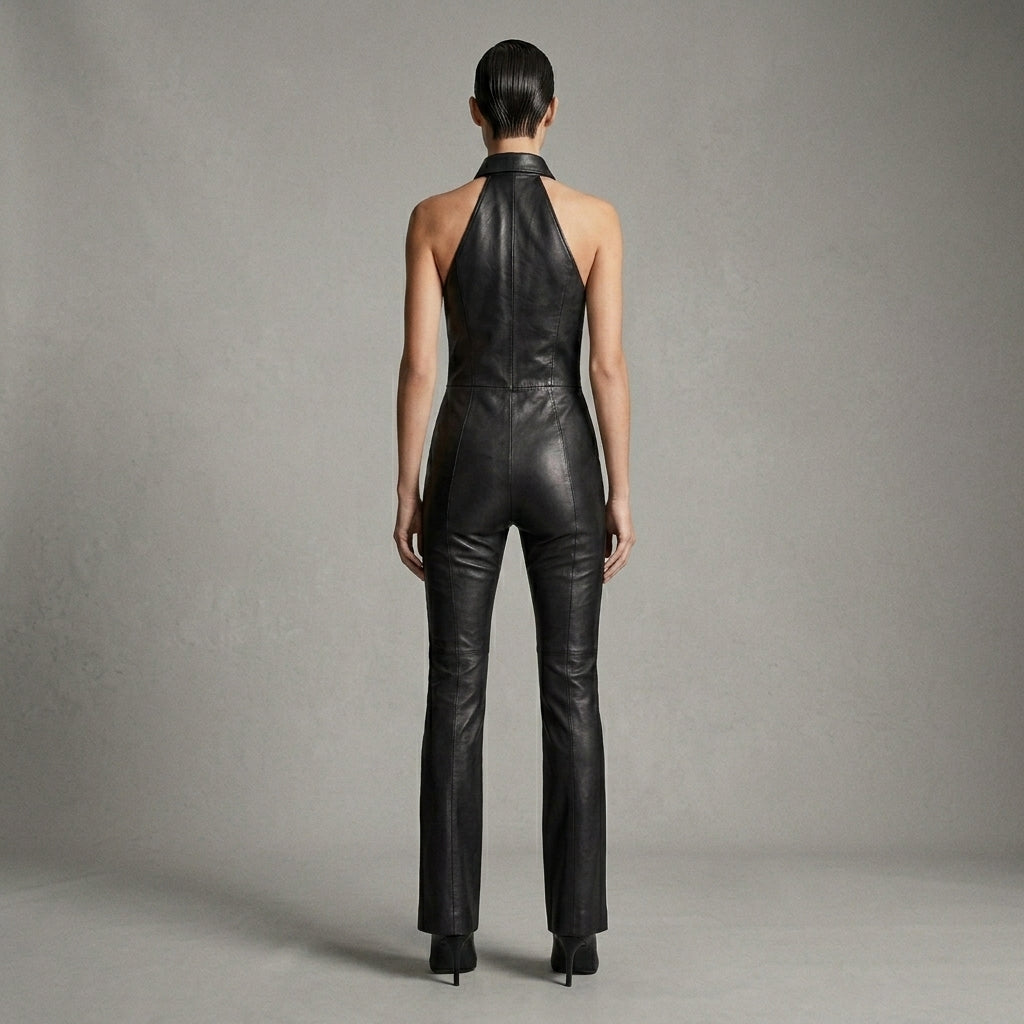 Women's Black Leather Jumpsuits - Back