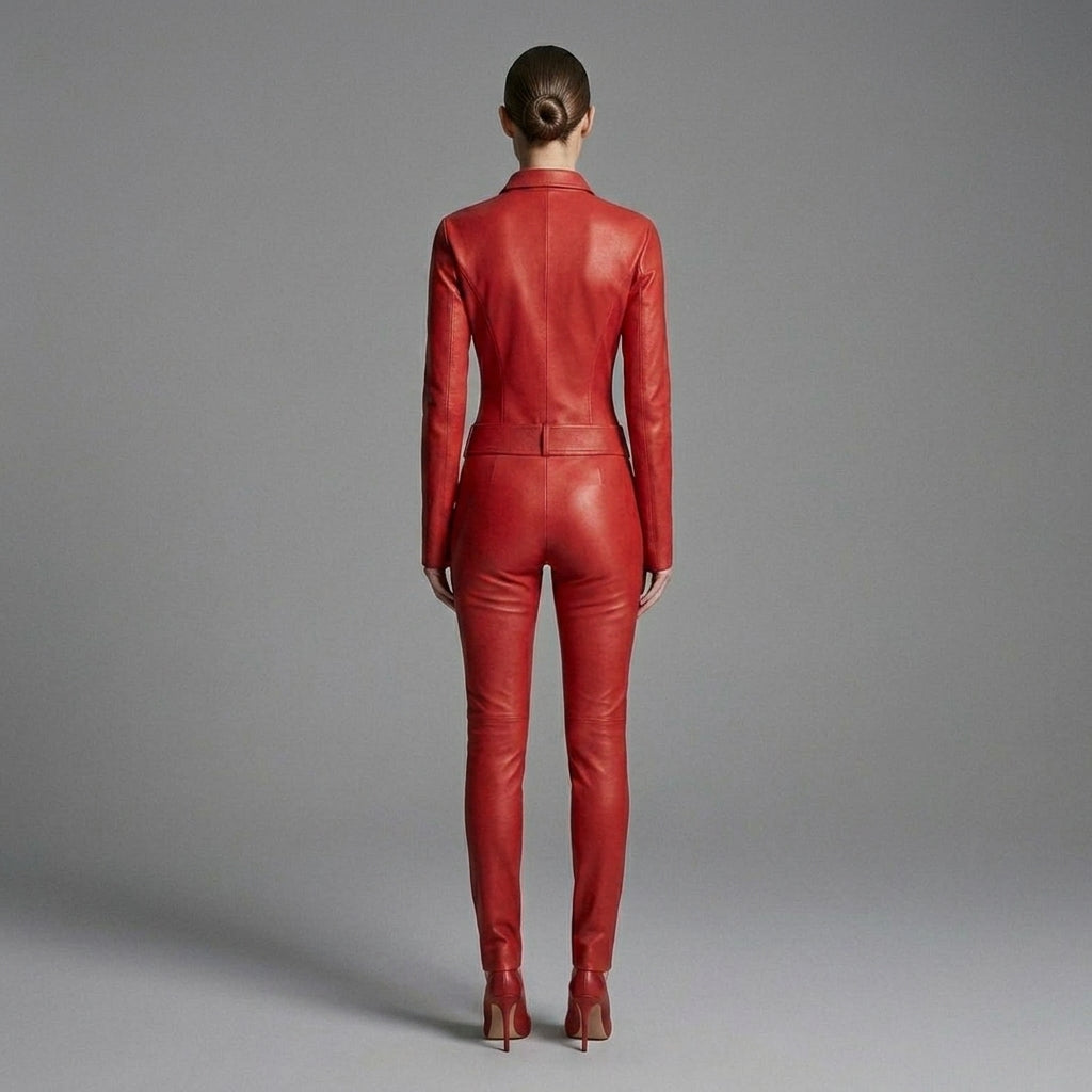 Women's Red Leather Jumpsuit - Back