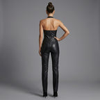 Women's V-Neck Leather Jumpsuit - Back