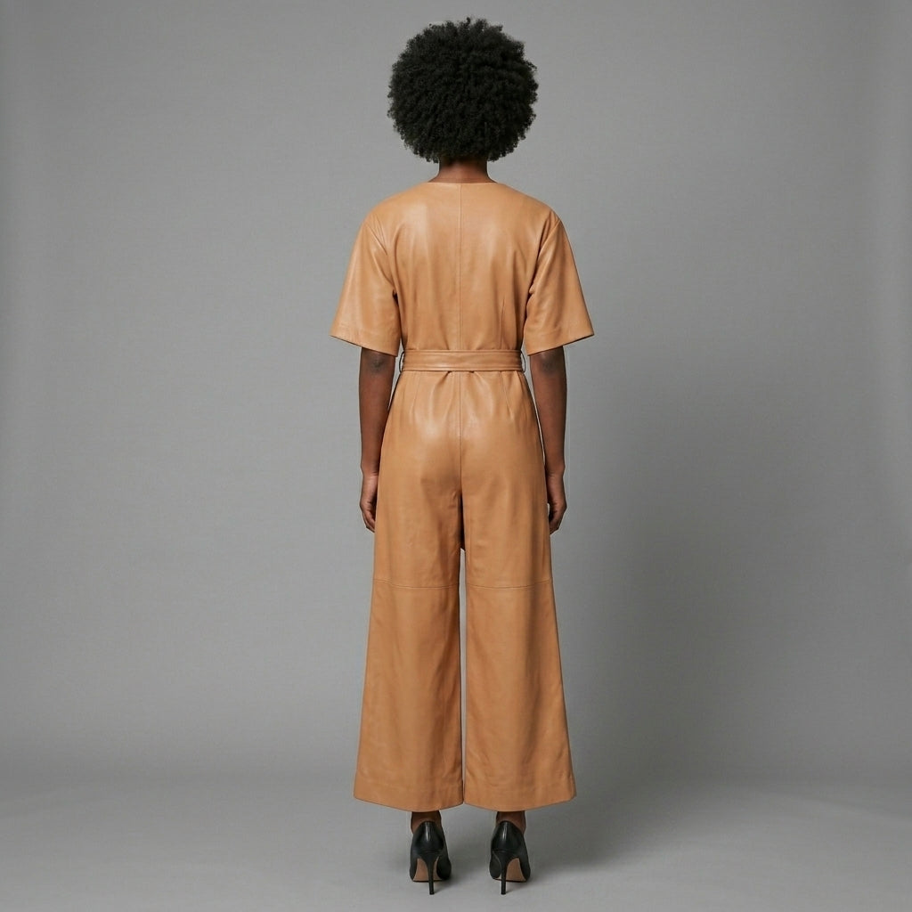 Women's Brown Leather Jumpsuit - Back