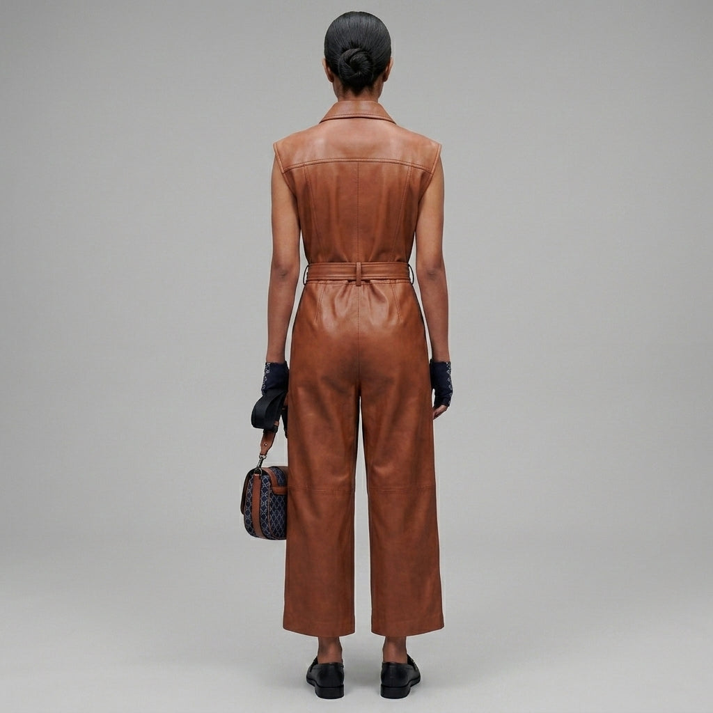 Women's Brown Utility Leather Jumpsuit - Back