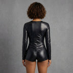 Women's Black PU Leather Romper - Back