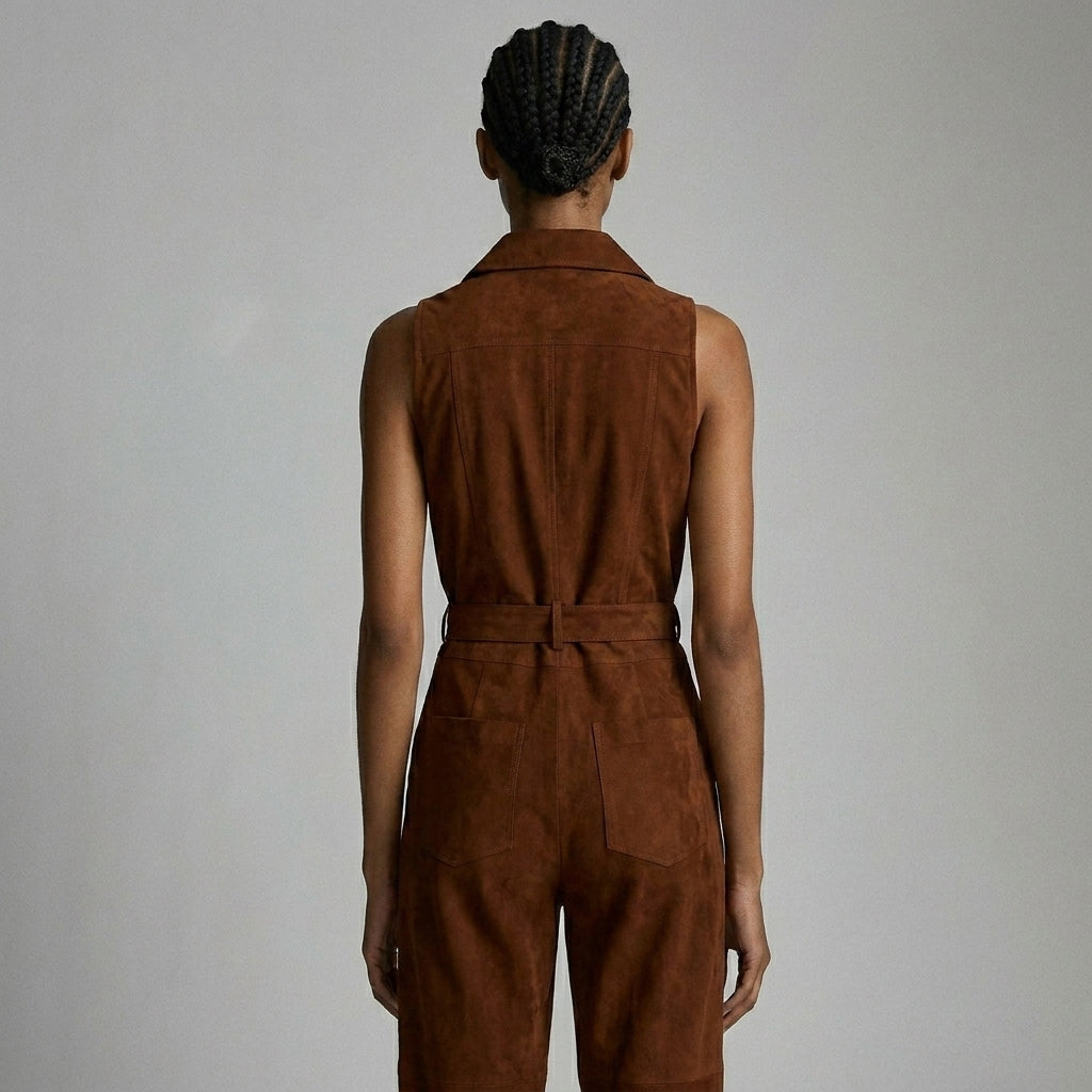 Women's Brown Leather Romper - Back