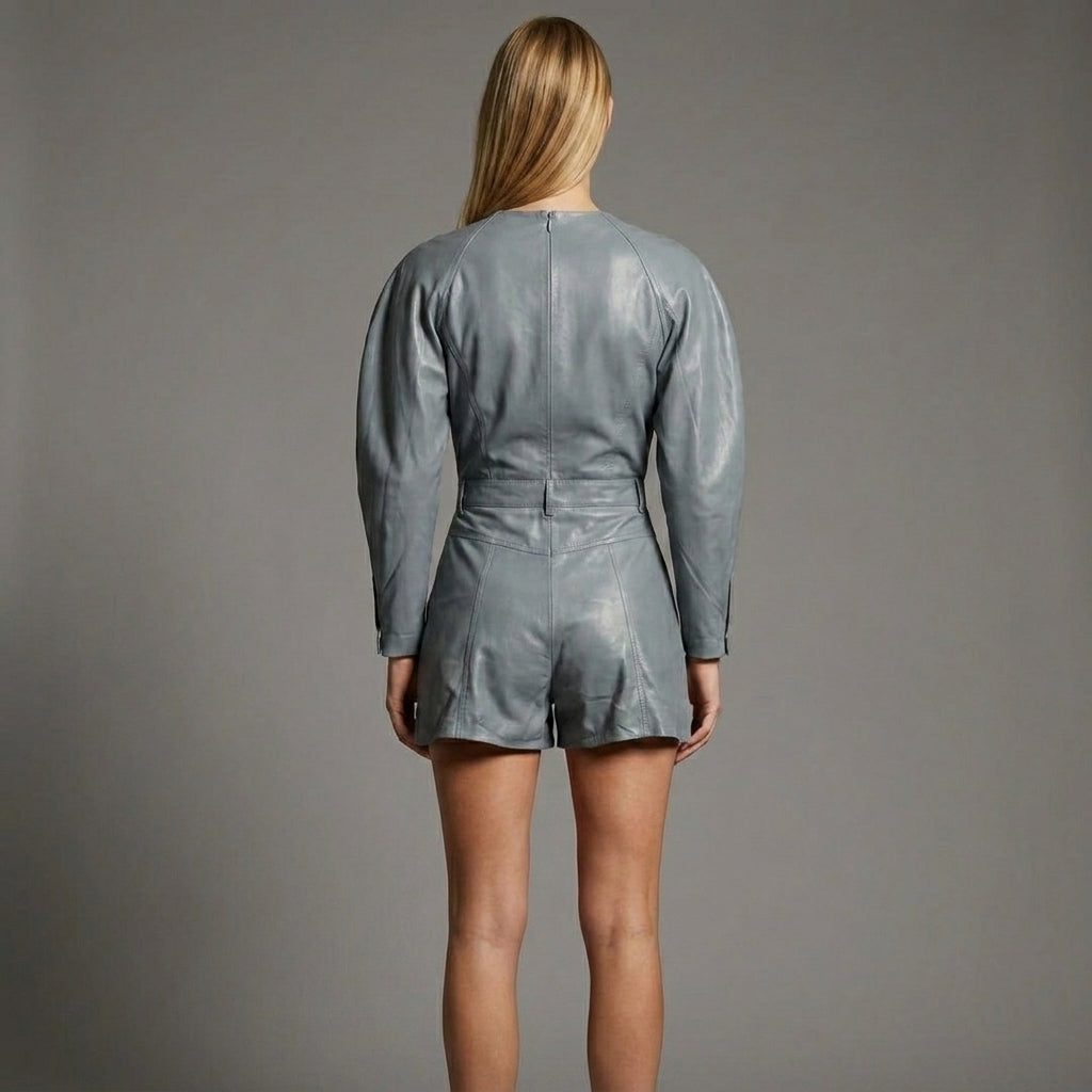 Women's Grey Leather Romper - Back
