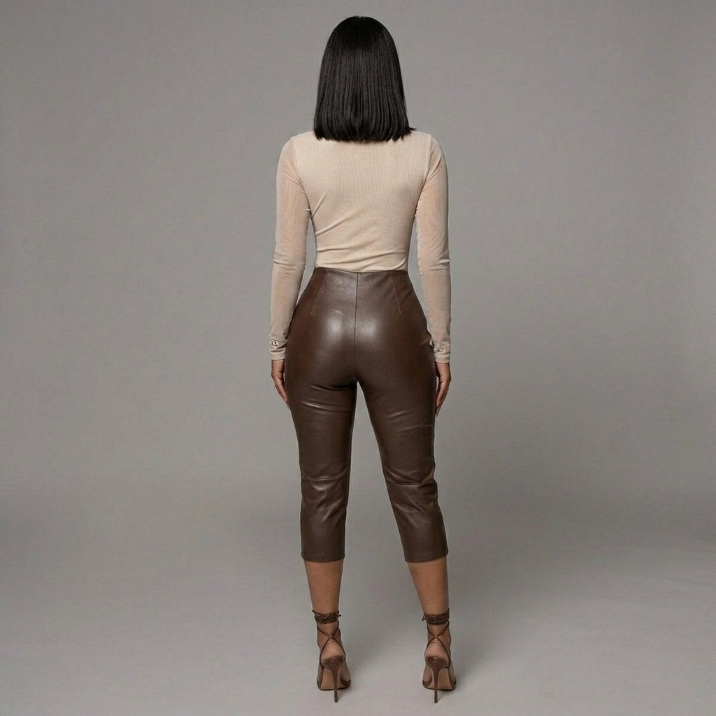Women's Brown Leather Capris - Back