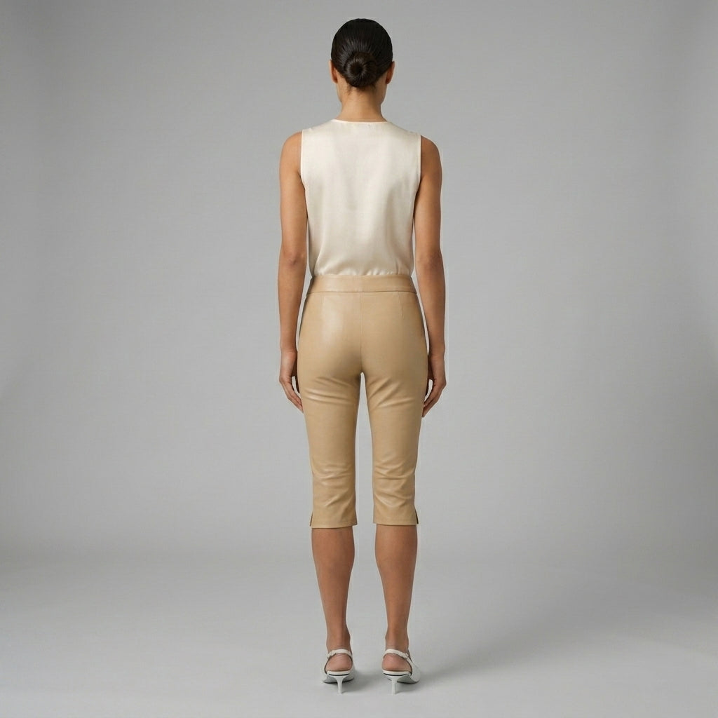 Women's Beige PU Leather Capri Pants - Back