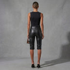 Women's Black PU Leather Flared Capri Pants - Back
