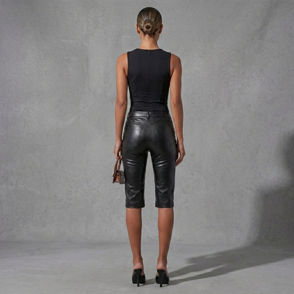 Women's Black PU Leather Flared Capri Pants - Back