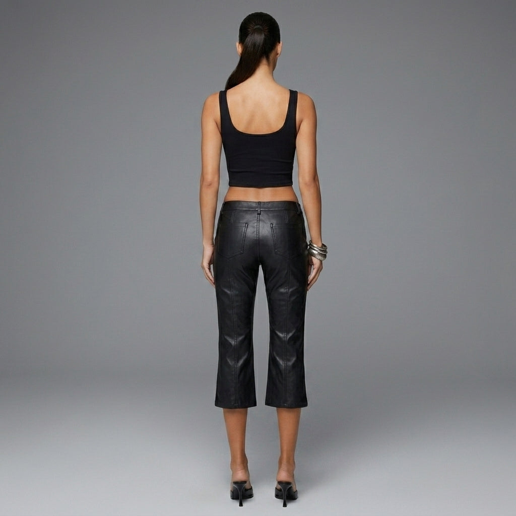 Women's Black PU Leather Capris - Back