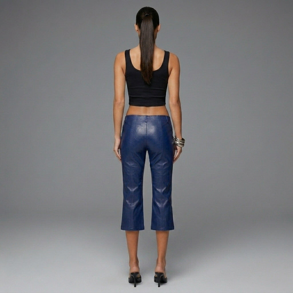 Women's Navy PU Leather Capris - Back