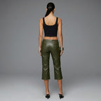 Women's Olive PU Leather Flared Capri Pants - Back