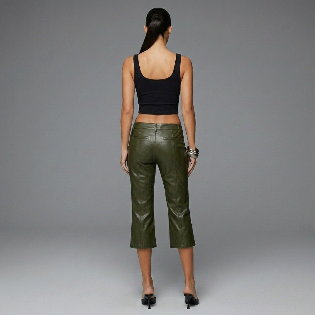 Women's Olive PU Leather Flared Capri Pants - Back
