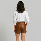 Women's Vegan Leather High Waist A-Line Shorts - Back