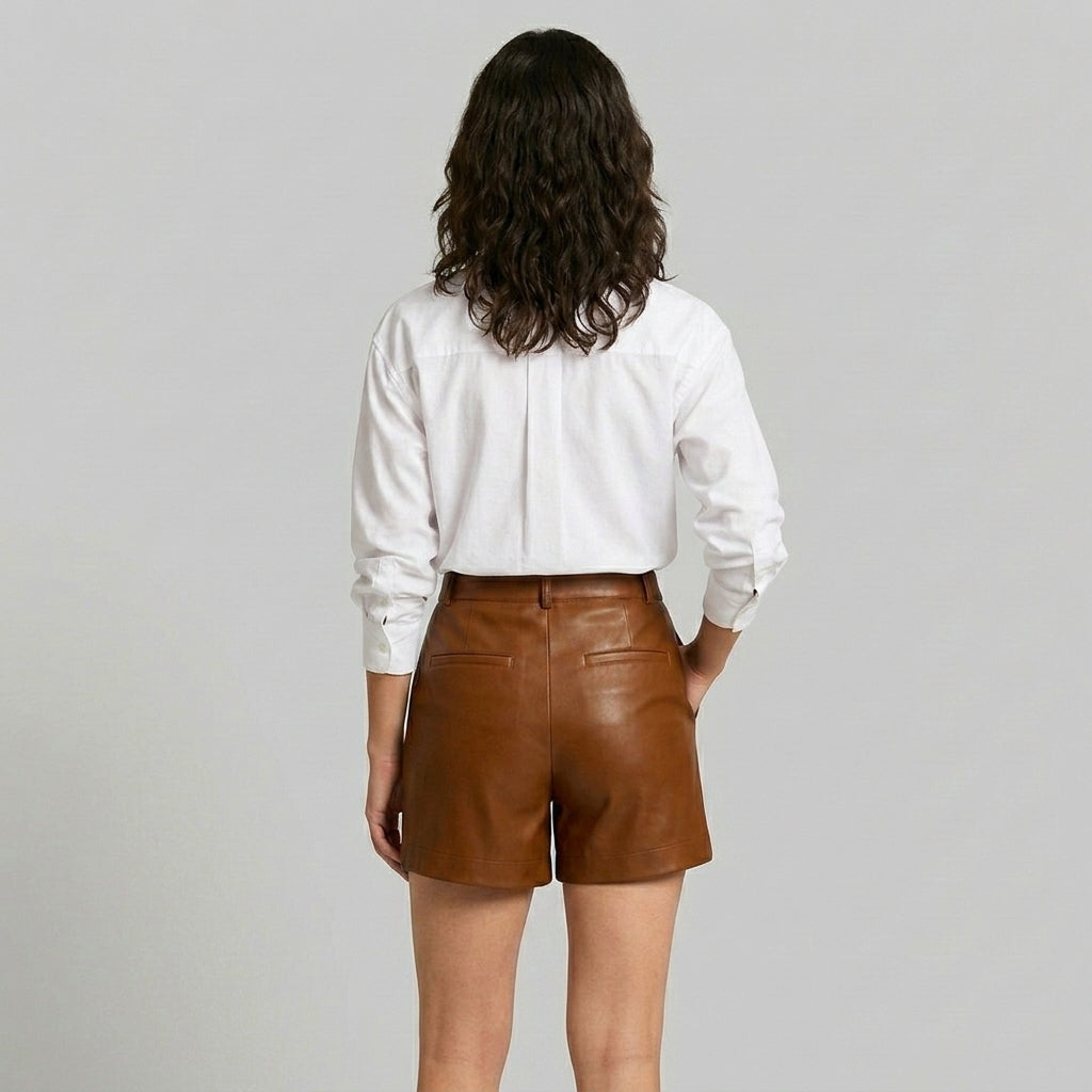 Women's Vegan Leather High Waist A-Line Shorts - Back