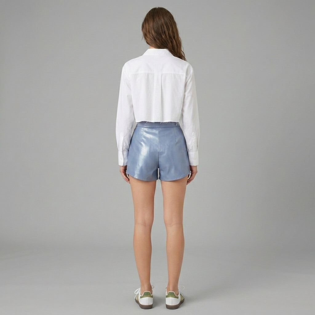 Women's PU Leather Shorts in Dusty Blue - Back