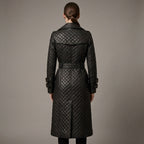 Women's Quilted Genuine Leather Trench Coat - Back