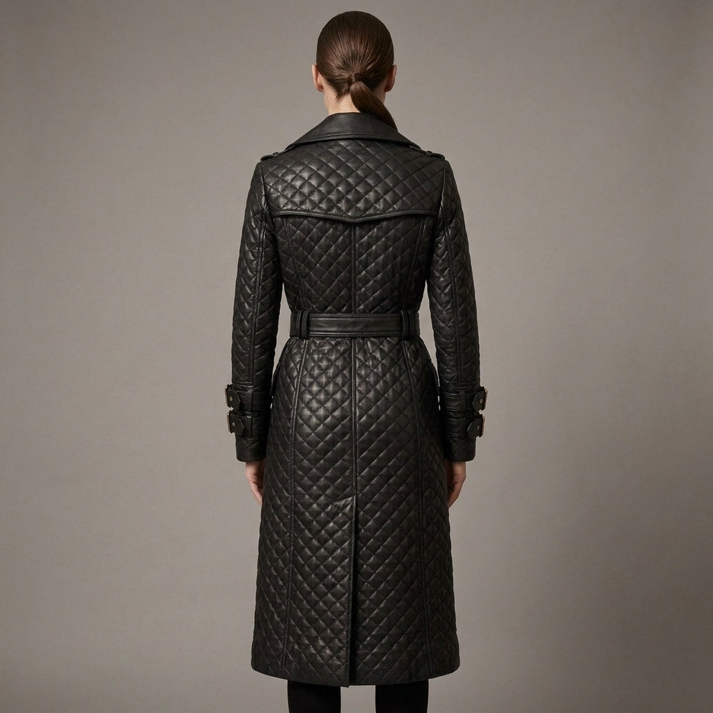 Women's Quilted Genuine Leather Trench Coat - Back