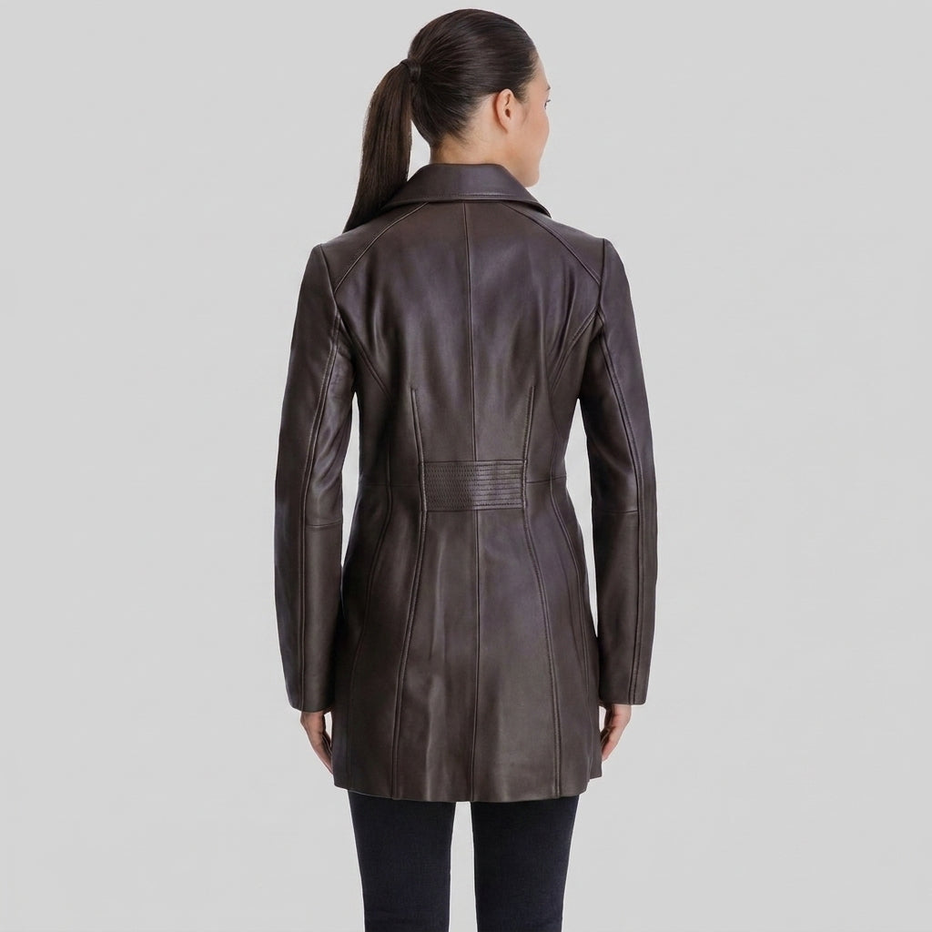 Petite Button Down Leather Coat - Back