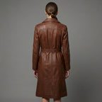 Women's Vintage Chocolate Brown Leather Trench Coat - Back